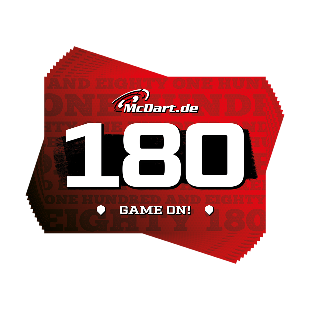 Das Bild zeigt ein rotes Schild mit der großen weißen Zahl "180" und dem Schriftzug "McDart.de" darauf. Unten steht zusätzlich "GAME ON!" und im Hintergrund sieht man den Schriftzug "ONE HUNDRED AND EIGHTY".